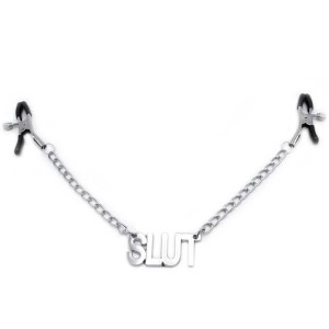 Par de Grampos para Mamilos com Regulagem e Pingente Escrito SLUT