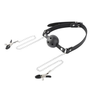 Mordaça de Bola com Corrente Dupla e Prendedor de Mamilos